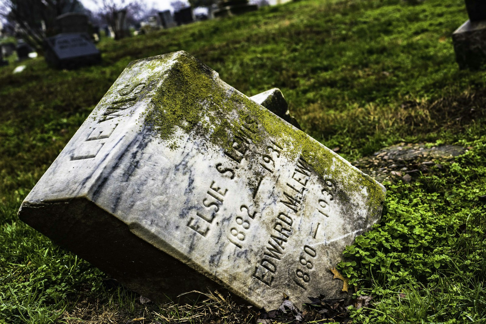 A grave in the grass with a headstone in the background.